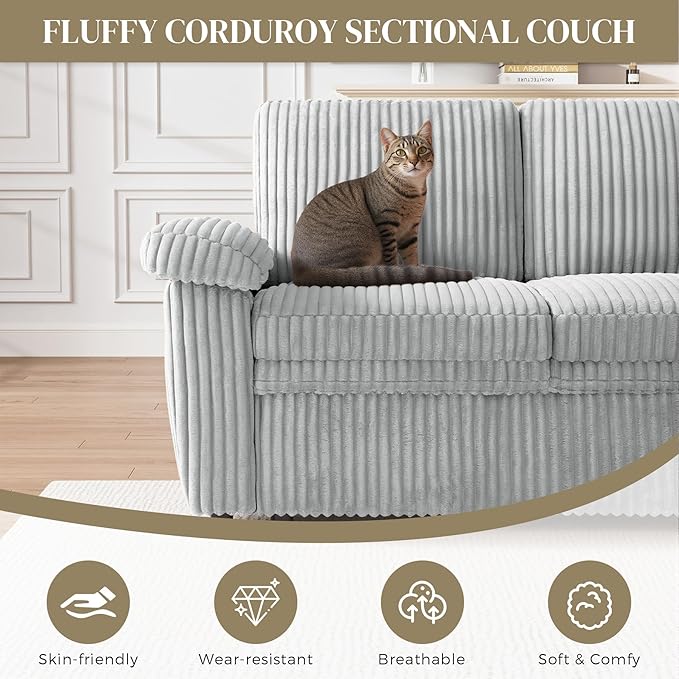 Modular Sectional Sleeper Sofa with Pull Out Bed, Storage Chaise & USB Charging, U Shaped Plush Corduroy Sectional Couches for Living Room, Comfy Convertible 7 Seat Cloud Sofa Bed, Light Grey