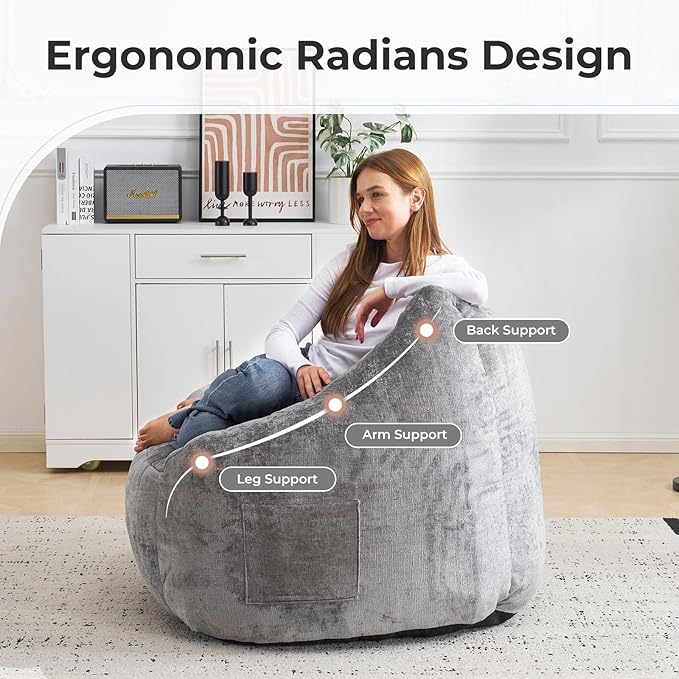 Giant Bean Bag Chair for Adults,Oversized Bean Bag with Filling Plush Fluffy,BeanBag Floor Sofa Chair with with Back Support for Living Room, Bedroom, Reading,Grey