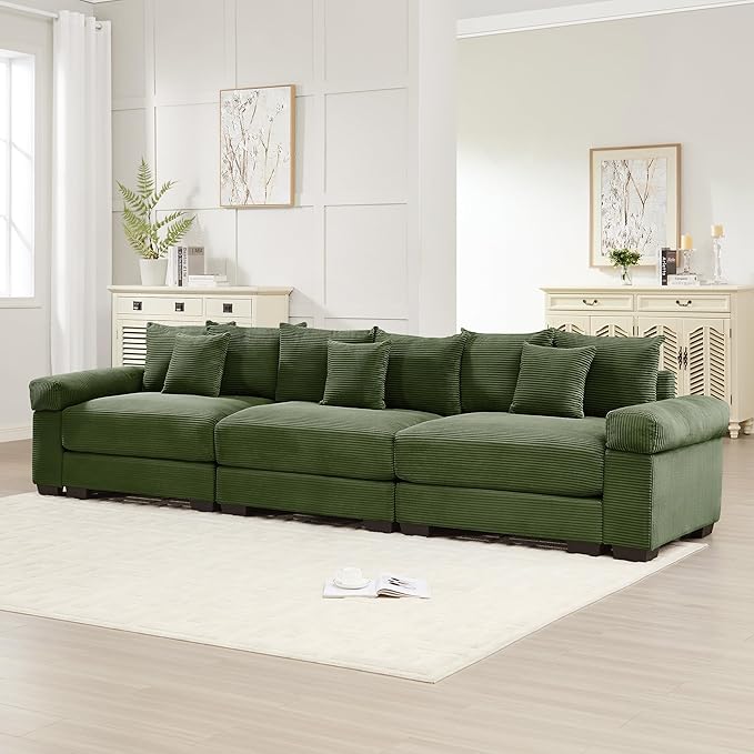 KEIKI 130" Oversized Corduroy Modular Cloud Sectional Sofa with High-Density Foam Cushions, Extra-Thick Armrest, Upholstered Modern 3-Seater Fluffy Corner Couch with 9 Pillow, for Living Room, Green