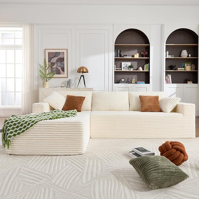 Opiesit 108" Boneless Couches for Living Room, Modular Sectional Sofa with Oversized Chaise, L-Shape Cloud Couch with Deep Seat, High-Density Memory Foam, No Assembly Required, Plush Corduroy Beige