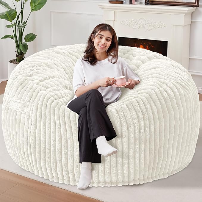 Homguava 6 FT Bean Bag Chair,6' Big Bean Bag,Giant Bean Bag Chairs for Adults with Memory Foam Filled,Comfy Large Beanbag Chairs Soft Bean Bag Sofa with Dutch Corded Plush Cover-White