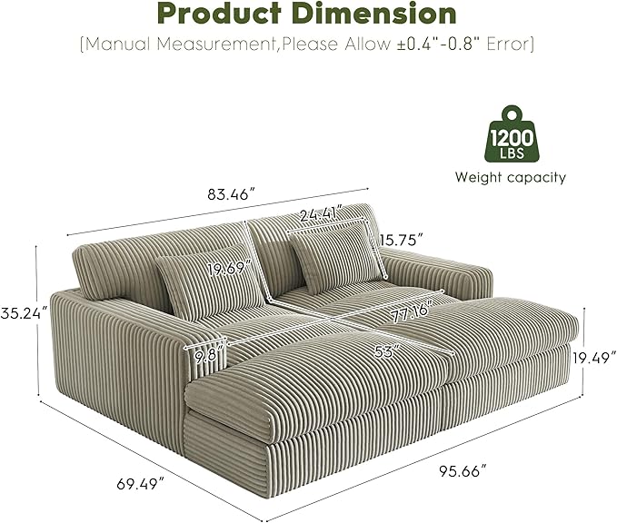 83" Oversized Chaise Lounge Sofa Chair Indoor，Soft Corduroy Fabric, Boneless sofawith Cushion，A Comfortable, deep-Seated Cloud Sofa for use in The Living Room.(2-Seater-Gray)