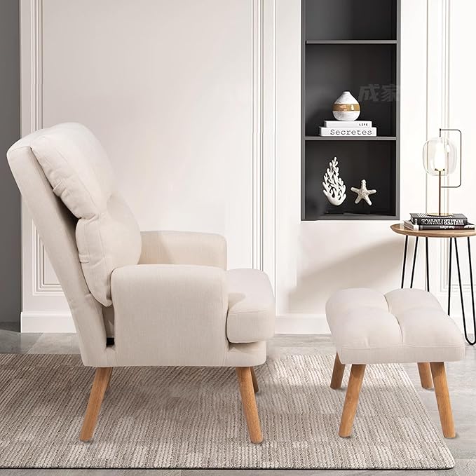 KGOPK Accent Chair with Ottoman,Comfy Armchair with Adjustable Backrest,Fabric Lounge Chair Single Sofa for Living Room,Bedroom,Office,Beige