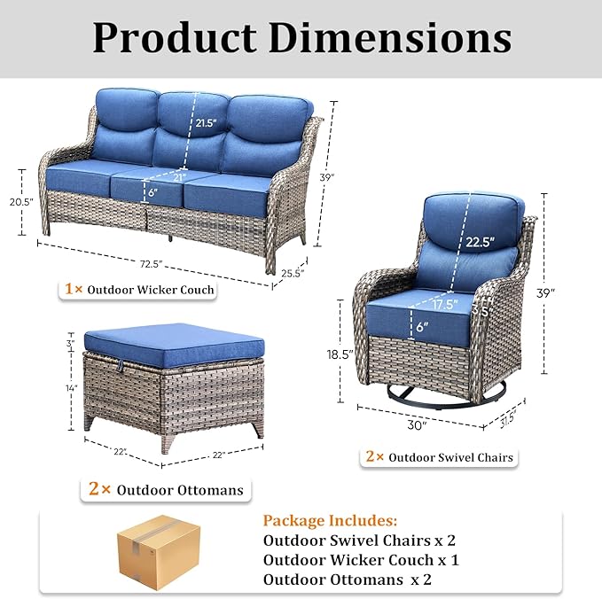 Pugire Luxury High Back Patio Furniture Set with 6-Inch Thick Cushions, 5-Pieces Outdoor Furniture with Swivel Chairs, Wicker Conversation Set for Porch, Balcony, Deck and Yard, Grey/Blue