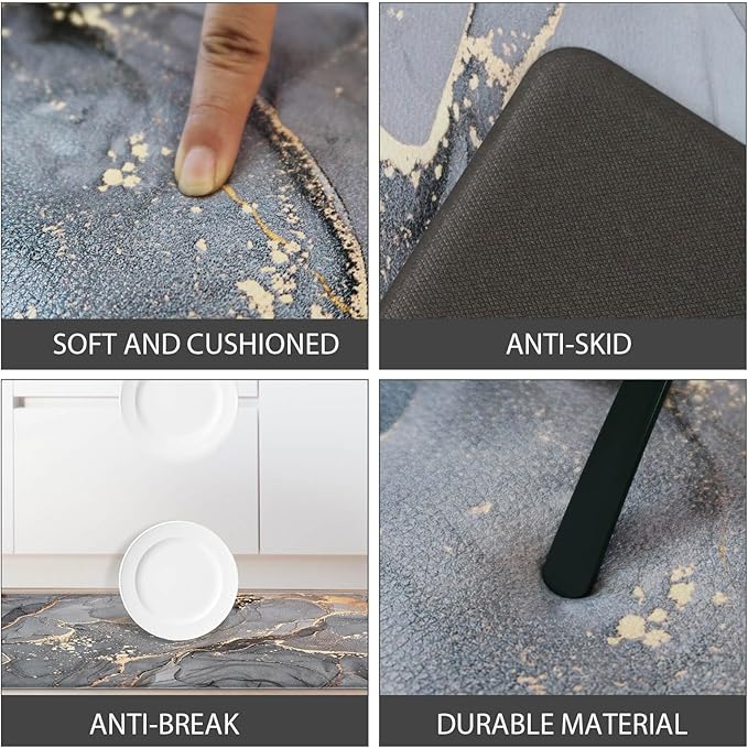 Kitchen Mat Anti Fatigue Cushioned Set of 2 Grey Kitchen Rugs Non Slip Waterproof Kitchen Floor Mats Gold Kitchen Accessories and Decor Comfort Memory Foam Kitchen Mats for Floor Laundry Room