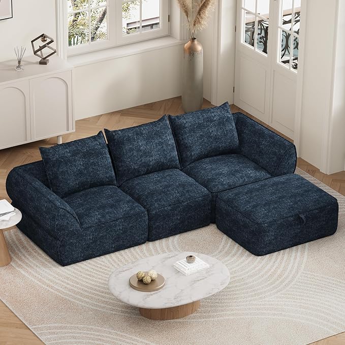 104" Modular Sectional Sofa with Deep Seat, Comfortable Upholstery L Shaped Cloud Couch for Living Room, 3-Seater Boneless Sofa with Movable Ottomans, Removable Cover, No Assembly Required, Aqua Blue