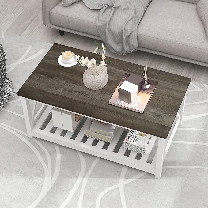 UYIHOME Farmhouse Coffee Table and End Table Set for Living Room, 2-Tier Wooden Living Room Table Set with Slats Base, Dark Oak
