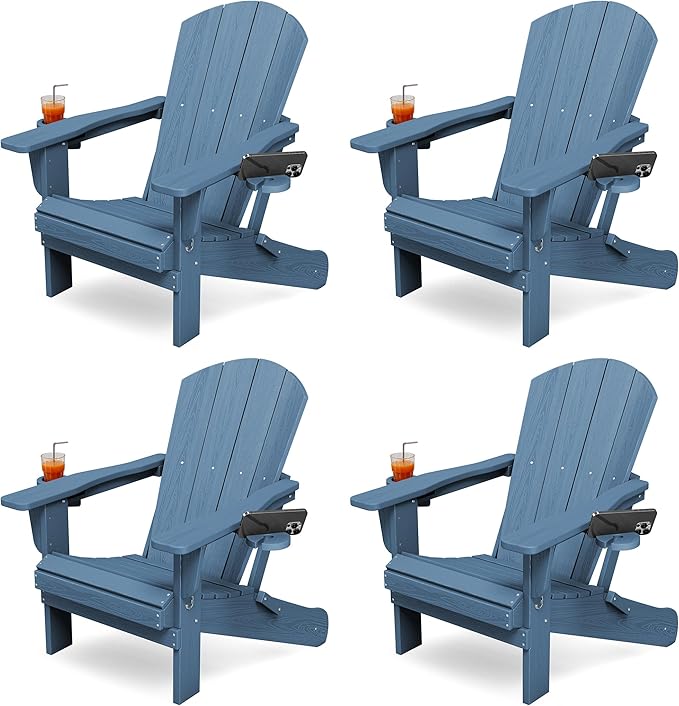 KINGYES Folding Adirondack Chair Set of 4, Dual Cup Holders & All-Weather HDPE, Wood-Like Patio Chair for Backyard, Camping, Pool & Fire Pit, Blue