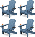 KINGYES Folding Adirondack Chair Set of 4, Dual Cup Holders & All-Weather HDPE, Wood-Like Patio Chair for Backyard, Camping, Pool & Fire Pit, Blue