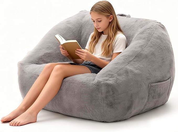 COSIEST Bean Bag Chair, Big Comfy Couch with Side Pocket, Furry Beanbag Chair with Foam Filler for Adults & Kids, Stuffed Accent Sofa for Reading, Lounge Floor Sofa for Living Room, Bedroom, Grey