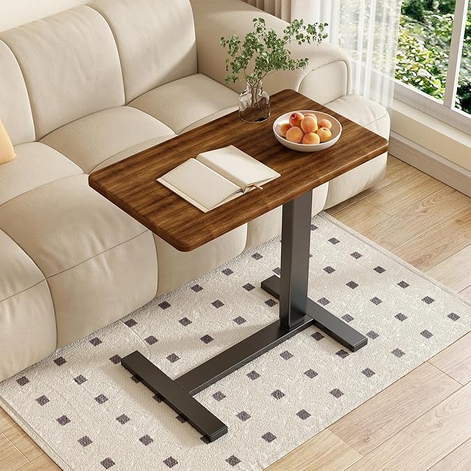 Overbed Bedside Table with Wheels Adjustable Hospital & Home Use Bed Table Rolling Movable Laptop Mobile Standing Desk Pneumatic Computer Cart Waterproof L-Shaped Steel Base Tray Tables,Brown