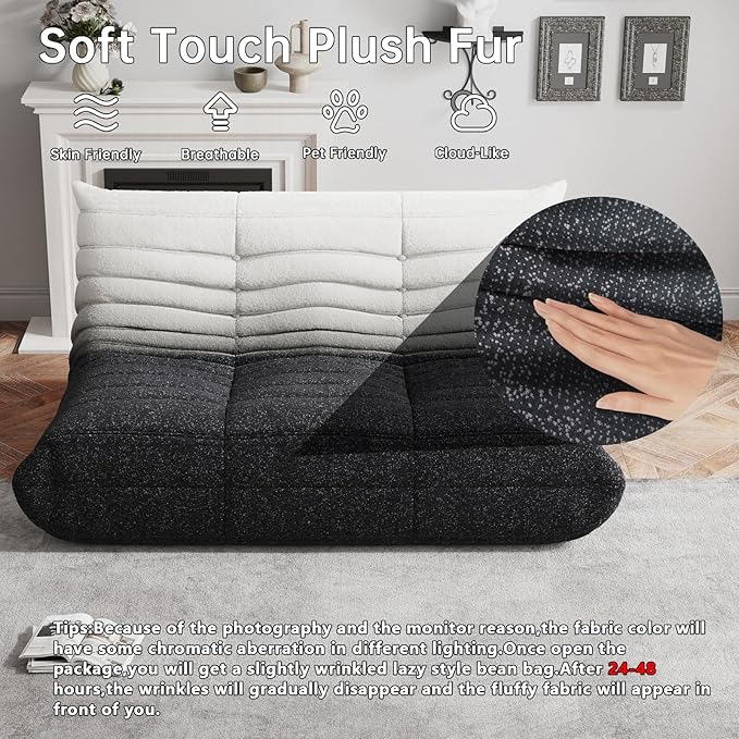 Bean Bag Chairs for Adults, Memory Foam Couch Loveseat Sofa Chair, Soft Teddy Material Cozy Comfy Reading Nook Chairs, Floor Chair for Living Room Bedroom Office(Black-White)