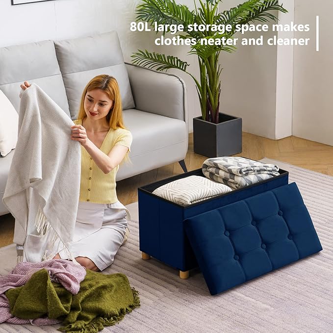 30 Inches Folding Storage Ottoman Bench, Velvet Storage Chest, Footrest Couch with Wooden Legs, Support 350lbs for Bedroom, Living Room, Hallway, Navy Blue