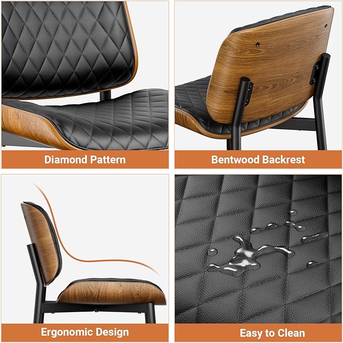 YaFiti Dining Chairs Set of 6, FSC Certified Mid Century Modern Accent Dining Room and Kitchen Chairs, Upholstered PU Leather Diamond Check Chairs with Walnut Bentwood and Metal Legs, Black