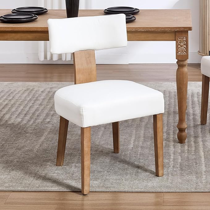 KHISCHMO Mid Century Modern Dining Chairs, Upholstered Linen Fabric Chairs with Curved Backrest and Wood Legs, Comfy Kitchen Vanity Chair for Dining Room/Living Room/Kitchen, Set of 4 Cream