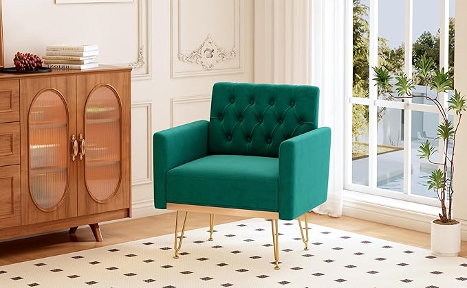 Accent Chair for Living Room, Comfy Oversized Velvet Upholstered Arm Chairs, Mid Century Modern Reading Single Sofa Side Chair with Tufted Back and Gold Legs for Bedroom (1, Green)