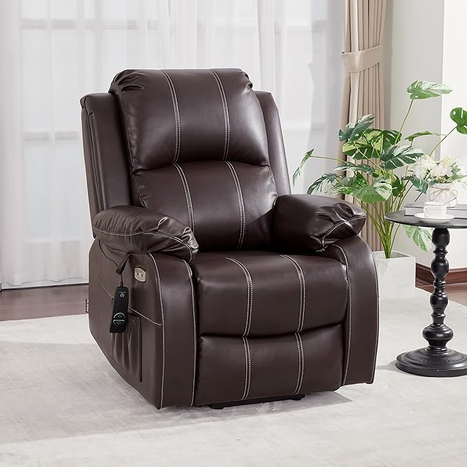 MCombo Small-Regular Power Lift Recliner Chair with Massage and Heat for Petite Elderly People, 3 Positions, 2 Side Pockets, USB Ports, Faux Leather 7408 (Dark Brown, Small-Regular)