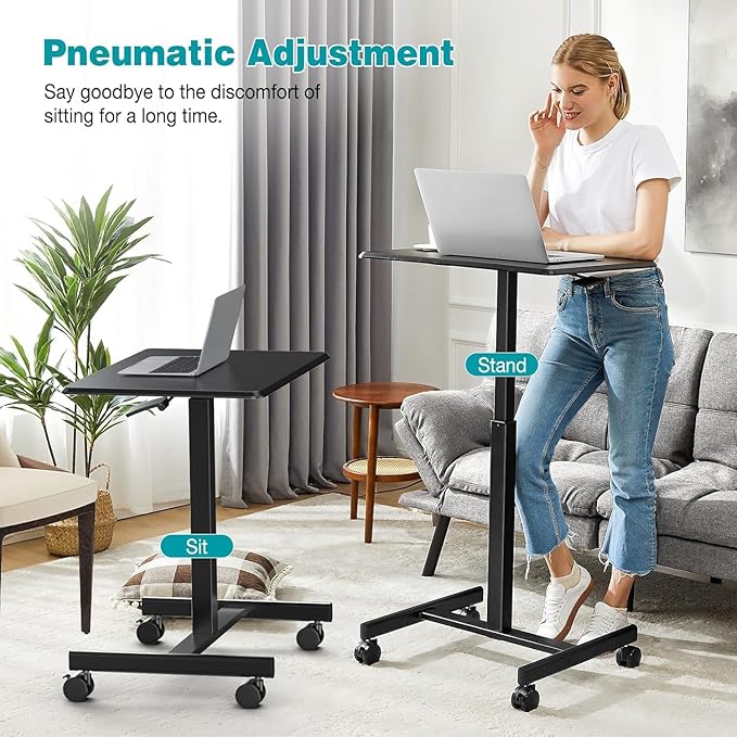 DUMOS Small Standing Desk Mobile Portable Rolling Laptop PC Table on Wheels Adjustable Height Computer Workstation for Home Office, 19 Inch, Black