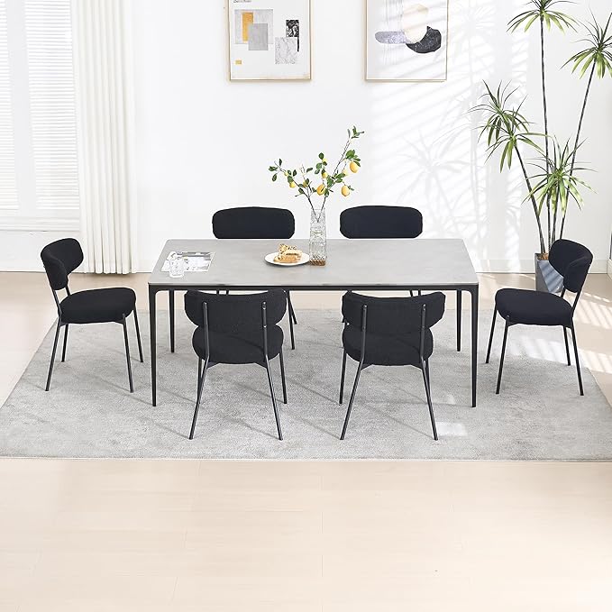 KCC Boucle Dining Chairs Set of 6, Modern Mid-Century Upholstered Stylish Kitchen Chairs Sherpa Accent Diner Chairs with Metal Legs and Curved Back for Kitchen, Dining Room(Black)