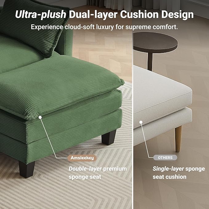 Amsleekey Modular Sectional Sofa, 76.5" L-Shaped Corduroy Comfy Sectional Couches for Living Room, 2-Seater Cloud Couches with 1 Movable Ottoman, Flexible Combination Modern Deep Seat Sofa (Green)