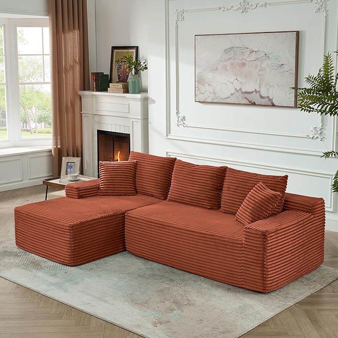 HYJT-H&K Modular Sectional Sofa Cloud Sectional Couch, 95" Comfy Fluffy L Shaped Orange Couches for Living Room, Deep Seat Memory Foam Plush Corduroy Boneless Couch Sectionals Left Facing Chaise Sofa