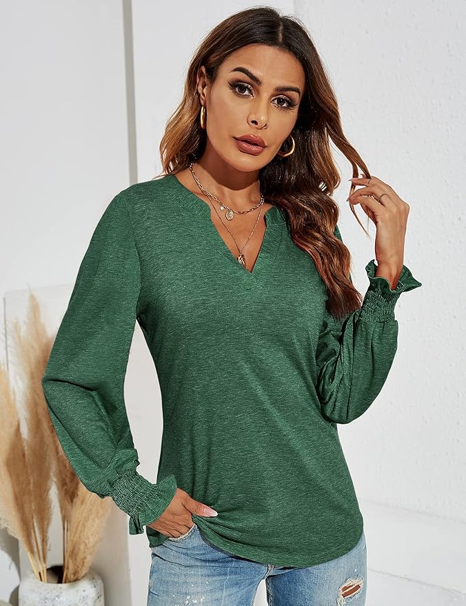 Romanstii Women's Casual V-Neck T-Shirts Loose Puff Long Sleeve Tops Tunic Blouses