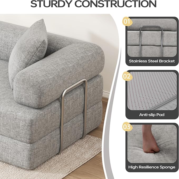 DURASPACE 78.4'' Convertible Folding Sofa Bed, Floor Sleeper Sofa Couch with Fixed-Shape Frame, Compression Comfy Couch in a Box, Boneless Modular Loveseat for Living Room (Chenille Gray)