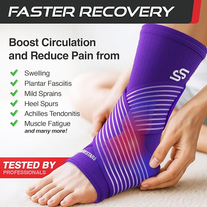 Sleeve Stars Ankle Brace for Women & Men, Ankle Wrap for Sprained Ankle, Compression Sleeve for Plantar Fasciitis Relief, Easy Customizable Support: w/Removable Strap (Pair/M:10"-12"/Dark Purple)