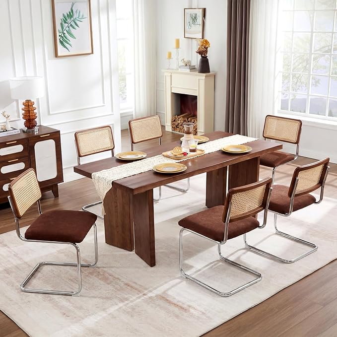 Zesthouse Rattan Dining Chairs Set of 6, Mid Century Modern Dining Room Chairs with Natural Cane Mesh & Chrome Base, Brown Cesca Chair Chenille Fabric, Farmhouse Kitchen Chair with Solid Wood Back