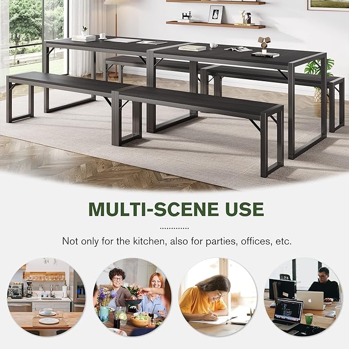 IMUsee 3PC 47.2" Dining Table Set for 4 with Benches, Heavy Duty Metal Frame, Small Space Saving Kitchen Dinette, Wood Board and Grey Legs