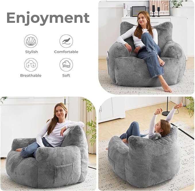 Giant Bean Bag Chair for Adults, Oversized Bean Bag with Filling Plush Fluffy,BeanBag Lazy Sofa Couch with Armrest for Living Room, Cat Shaped Beanbag Couch with Sidepocket for Bedroom,Grey