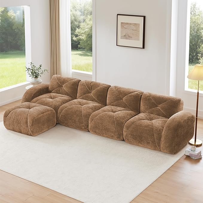 Modular Sectional Sofa with Free Combination,Oversized Boneless Floor Couch for Living Room & Lounge,Velvet 4-Seater Sectional Couch with Ottoman,No Assembly Needed