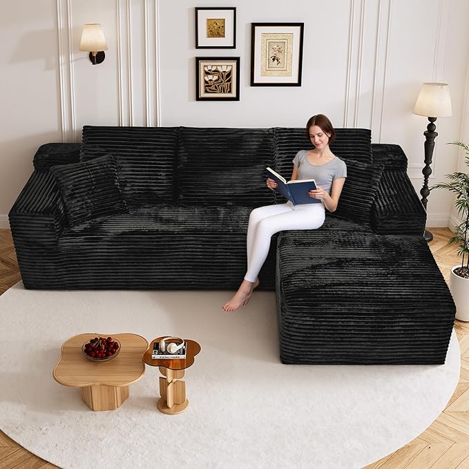 108" Boneless Cloud Sectional Couches for Living Room, Comfy Fluffy L Shaped Memory Foam Deep Seat Boneless Couch, Modular Sectional Sofa with Right Facing Chaise, Black