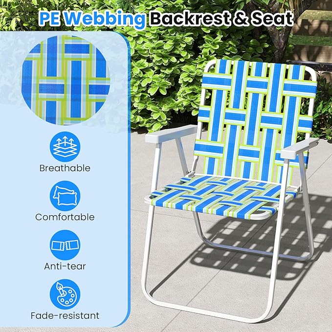 GYMAX Lawn Chair Folding, Webbed Beach Lounge Chairs Set with Highback, Outdoor Portable Lightweight Camping Dinning Chair for Patio, Lawn, Poolside, Sports, Garden, Backyard (2,Blue)