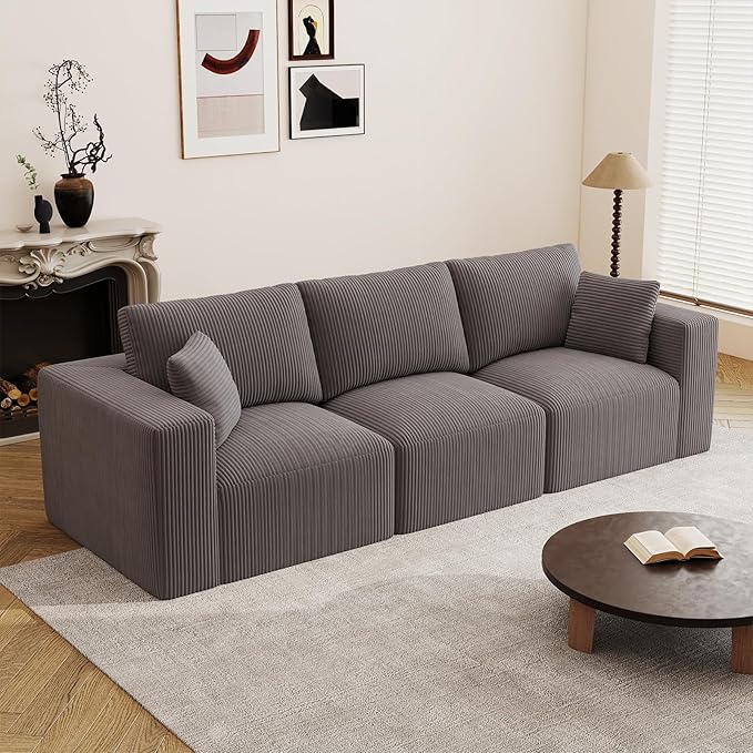 110" Modular Sectional Sofa, Cloud Couch Memory Foam 3-Seater Boneless Sofa, Cozy Upholstered Corduroy Frameless Couch, No Assembly Required Extra Wide Seating for Living Room & Apartment, Grey