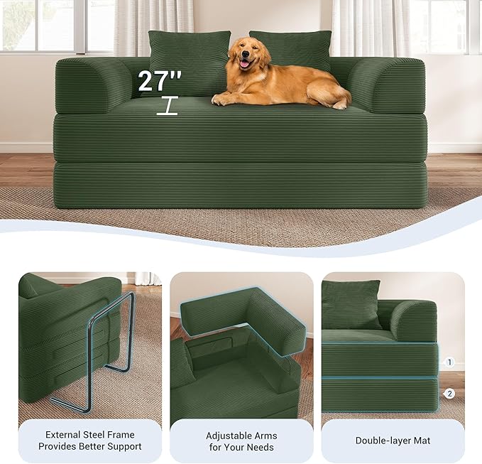 Cloud Boneless Convertible Floor Sofa Bed, 70" 4-in-1 Foldable Compressed Loveseat Lounge Sleeper 2 Seater Couches, High-Density Sponge & Corduroy Fabric Futon Daybed for Living Room Bedroom(Green)