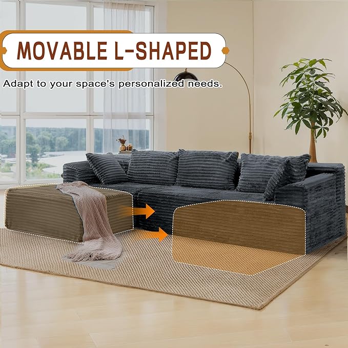 Korser 110" Sectional Couches for Living Room, Modular Sectional Sofa with L-Shape Chaise, Cloud Couch, Comfy Corduroy Fluffy Couch with Deep Seat and Side Pockets
