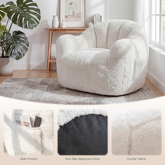 Homkdom Bean Bag Chair, Giant Bean Bag Chair for Adults, Shell-Shaped Bean Bag Couch with Armrests & Side Pockets, Comfy Beanbag Lazy Couch Reading Chair for Bedroom, Living Room, Beige