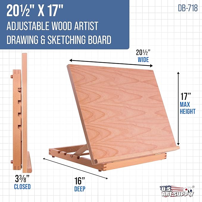 U.S. Art Supply Large 20-1/2" x 17" Wooden Drawing Board, Adjustable Table Top Easel for Painting and Drawing - Drafting Board with T-Square, Pencil Ledge
