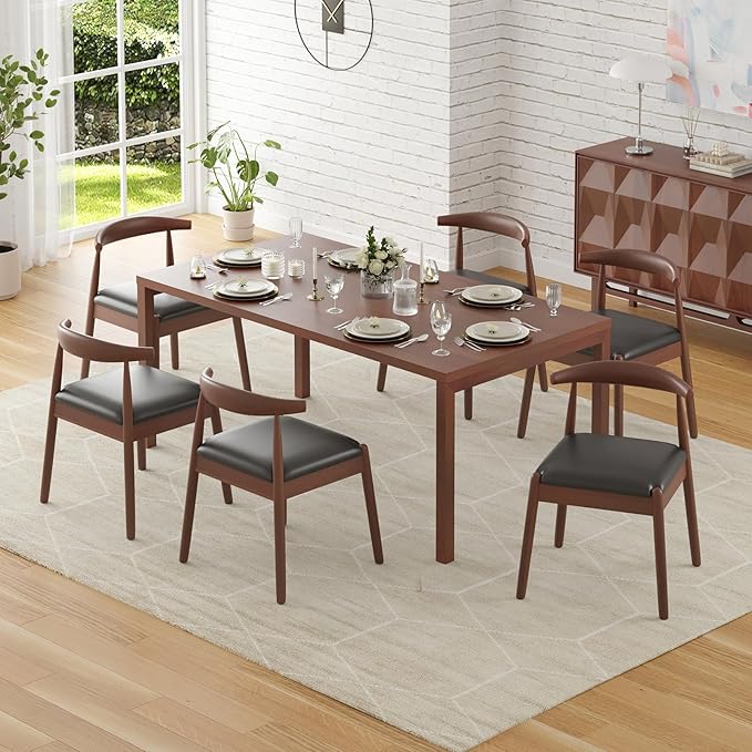 Farini Mid Century Modern Dining Chairs Set of 2, Solid Wood Frame Kitchen Chairs with PU Leather Upholstered Seat for Dining Room & Breakfast Nook，Walnut-Black