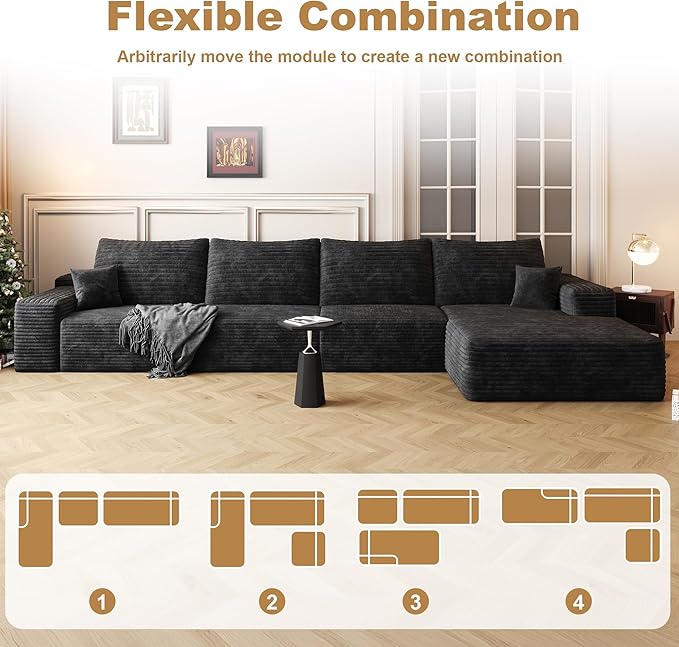 AUGOP 136" Sectional Couches for Living Room Modern Modular Sofa with L-Shape Couchs Upholstered Boneless Couch Deep Seat Sectional Couch with Chaise (Black, Right Facing Chaise+3Seaters)