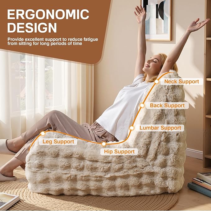 Bean Bag Chair for Adults, Giant Beanbag Lounger with Plush Faux Fur, Comfy Memory Foam Chair Floor Lazy Chair for Living Room Bedroom Dorm Apartment Reading Nook，Beige
