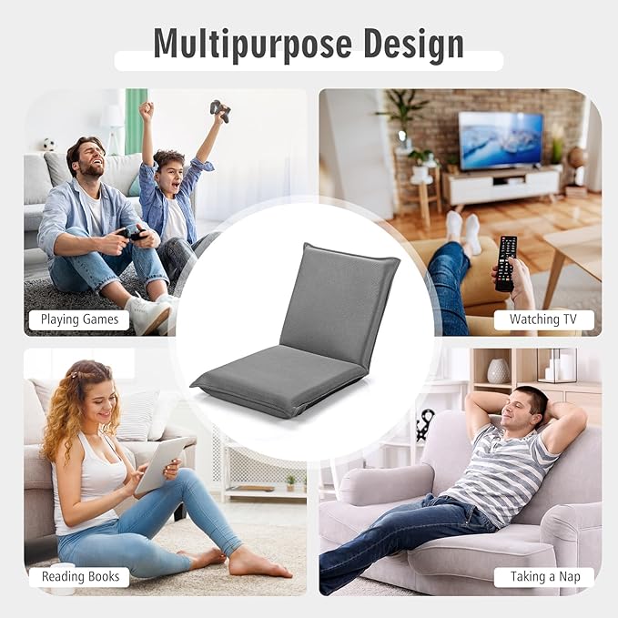 S AFSTAR Adjustable Floor Chair, Cushioned Lounger Recliner with 6-Position Comfortable Back Support & Thick Padded, Lazy Sofa Floor Gaming Chair, Floor Seat for Gaming Reading Meditation (Grey)
