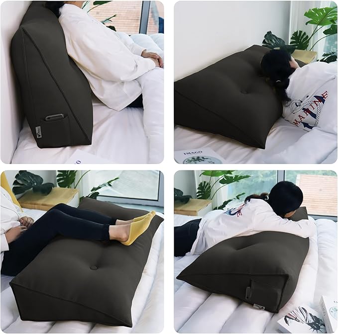 WOWMAX 80% Cotton & 20% Linen Blend Headboard Pillow – King Size Reading Wedge Backrest for Bed, Handmade Firm Support Bolster Cushion with Removable Cover, Premium Bed Rest Pillow, Deep Gray