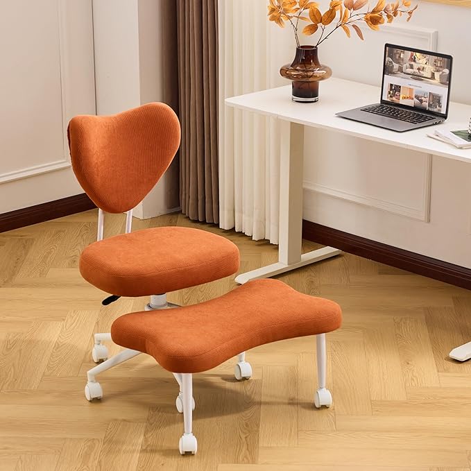 Meditation Chair with Lumbar Support, Ergonomic Floor Sitting Chair Adjustable Height, Cross Legged Chair for Office, Yoga & Mindfulness, Cushioned Seat with Wheels (Orange)