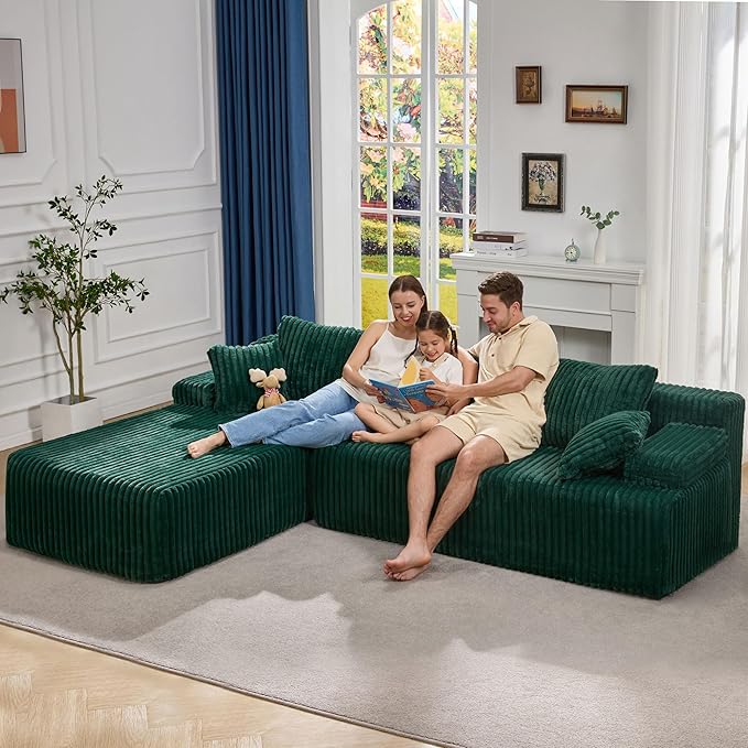 Modular Sectional Sofa Couches L-Shape Couch 3 Seat Modular Sofa Memory Foam Sectional Couches for Living Room, Cloud Couch with Oversized Chaise (Green Stripe, 108" Left Facing Chaise)