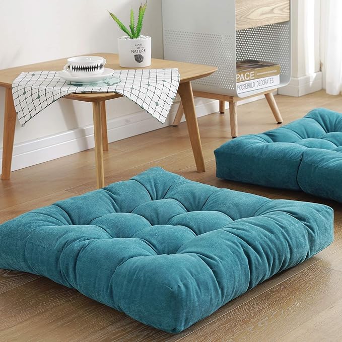 Square Floor Seat Pillows Cushions 22" x 22", Soft Thicken Yoga Meditation Cushion Pouf Tufted Corduroy Tatami Floor Pillow Reading Cushion Chair Pad Casual Seating for Adults & Kids, Turquoise
