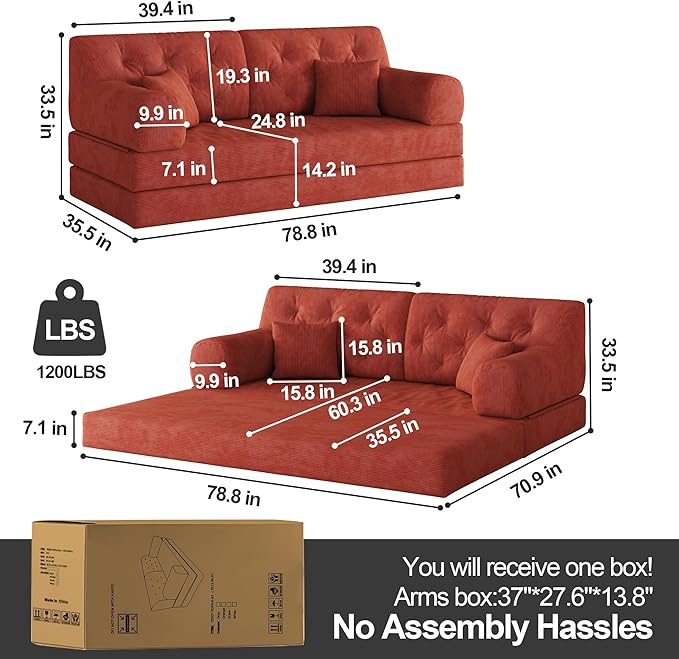 Carzzi-Life 79" Convertible Sofa Bed with Pillows, Corduroy Folding Sleeper Sofa with Fixed-Shape Frame, Boneless Couch for Living Room Bedroom, Floor Sofa Lounge No Assembly Required (Orange)
