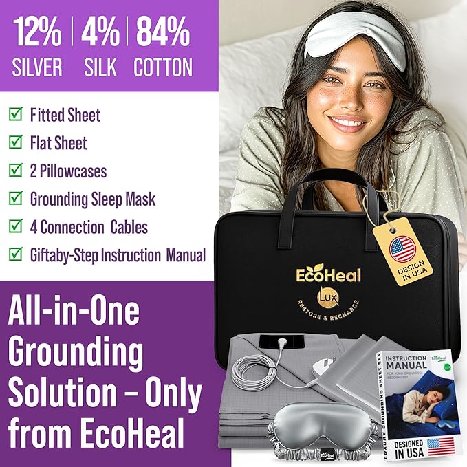 ECOHEAL Grounding Sheet Set - King Size, Gray Fitted & Flat Sheets with Pillowcases - 12% Silver Fiber, 4% Silk, 84% Cotton - SGS Quality Certified Conductive Bed Grounding Kit for Better Sleep