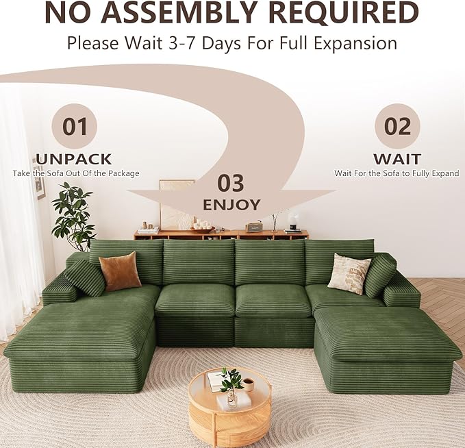 136" Cloud Modular Sectional Sofa with 1 Ottoman, Modern Upholstered Corduroy Couches, Comfort U Shaped Sofa for Living Room, Deep Seat Boneless Couch, No Assembly Required(Green,Left Facing Chaise)